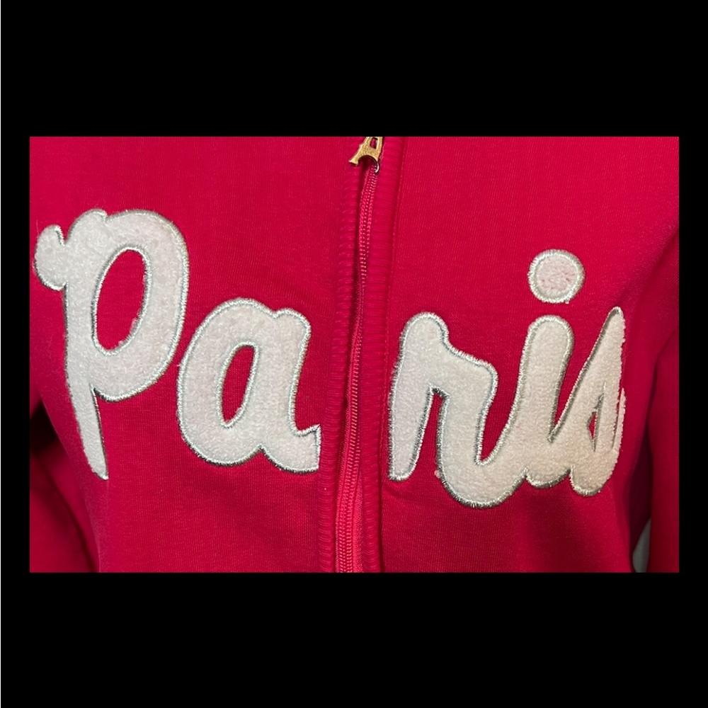 PARIS PRODUCT ORIGINAL Sweatshirt Hoodie Red White Full Zip Pouch Pockets - Picture 3 of 9